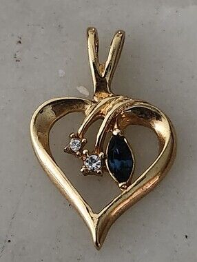 Vtg Thailand Gold Plated Heart Pendant with Blue and Clear Marquise Cut Stones